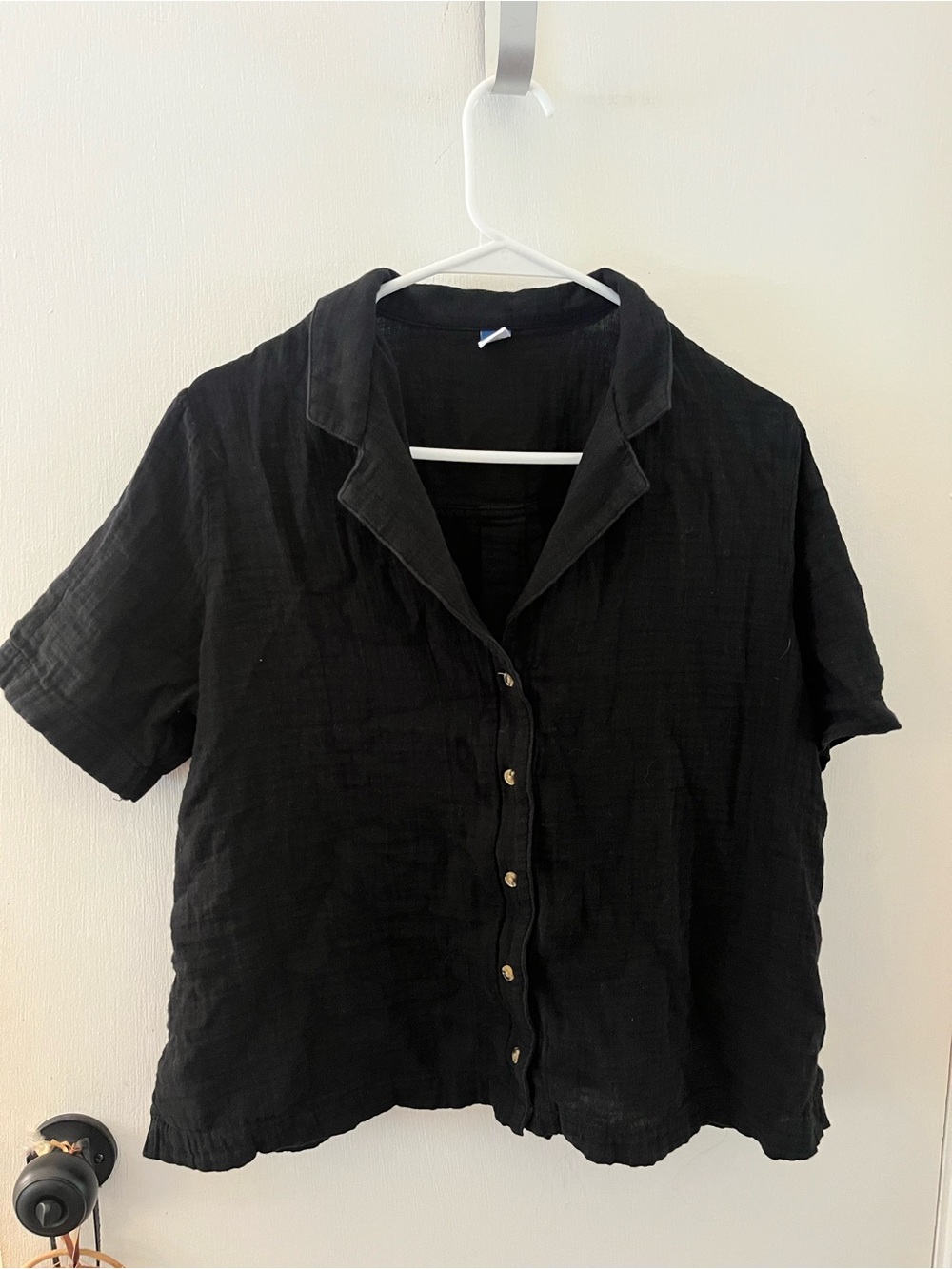 Old Navy Black Short Sleeve Linen-Blend Button-Up Top Sz M